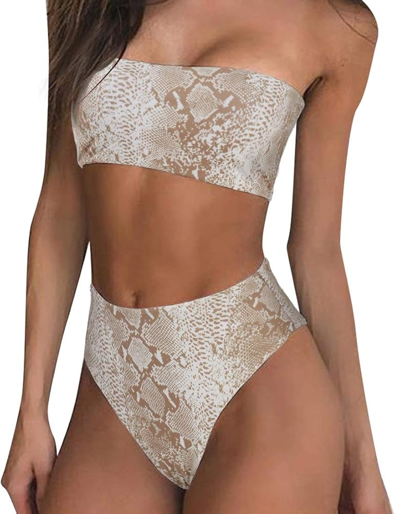 RUUHEE Women High Cut Bandeau Tropical Leaf Printed Strapless Swimsuits Bikini Set | Amazon (US)