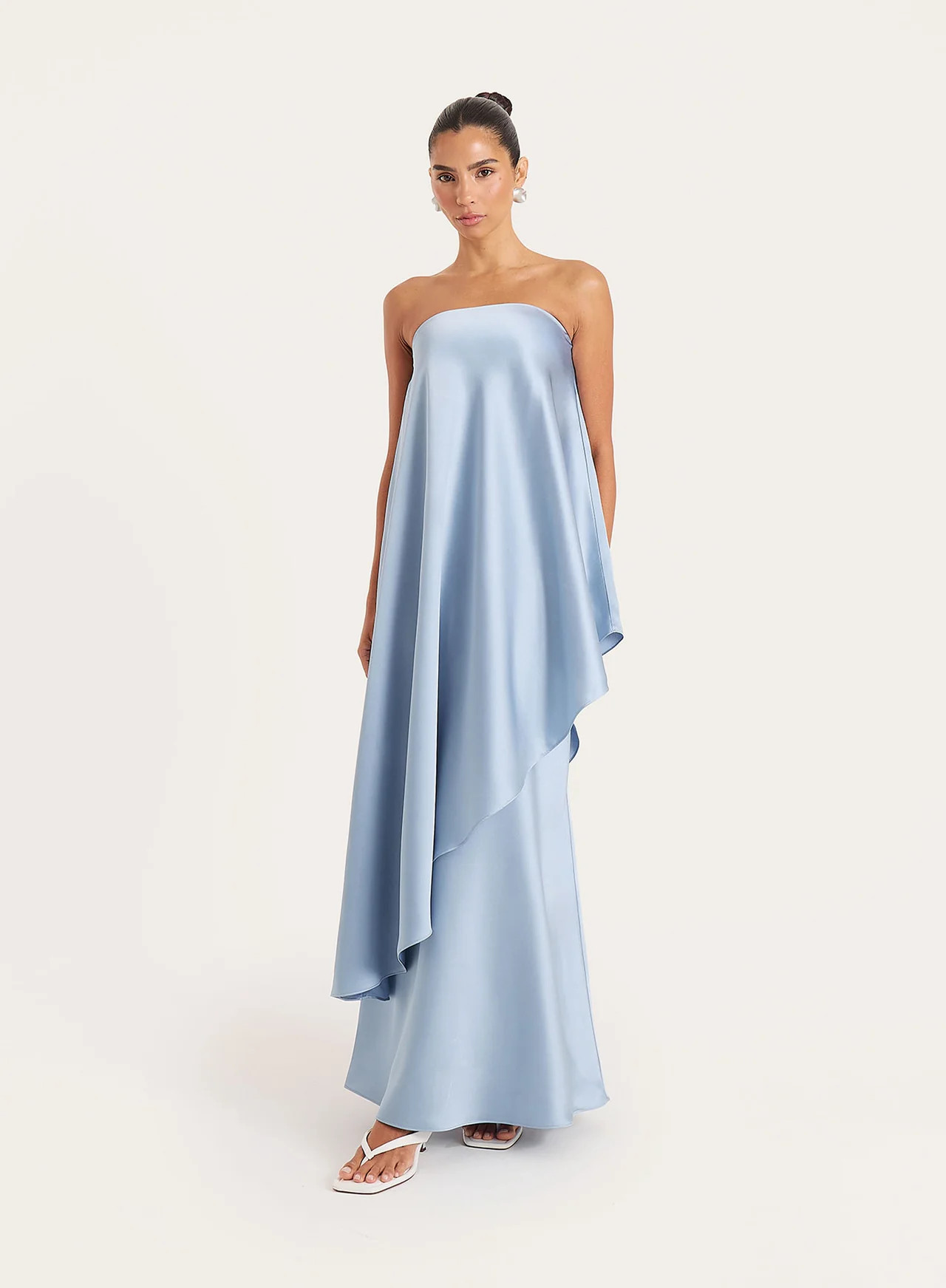 Women's Blue Asymmetric Bandeau Satin Maxi Dress | Elouise | 4th & Reckless | 4th & Reckless