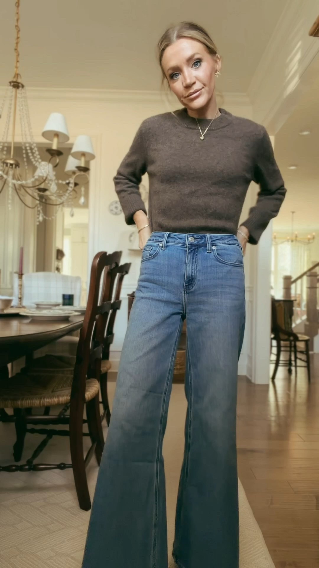 wearing the size Xs in this beautiful sweater from quince. Wearing the 26 in the jeans. They’re so comfortable and the fit is a 12/10. The beloved Bella style we all know and love in a new exaggerated wide leg palazzo. They’re so  comfortable too! @onequince #QuincePartner