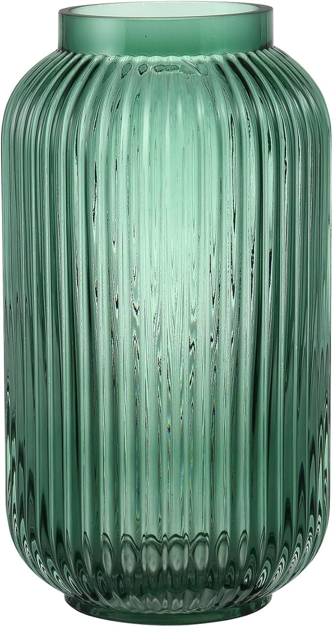 Ribbed Glass Vase, Green Flower Vase for Bouquet, Glass Vases for Flowers, Modern Vases for Livin... | Amazon (US)