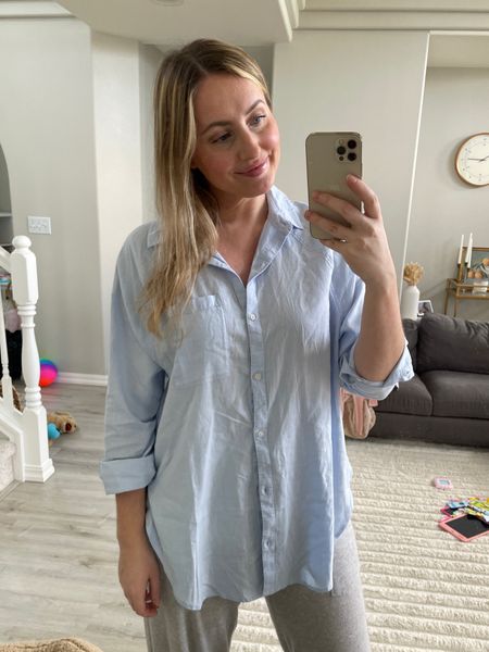 Linen blend button up - I sized down, wearing xs - very long oversized fit 
This light blue shade is so good 😍 


#LTKstyletip #LTKfindsunder50