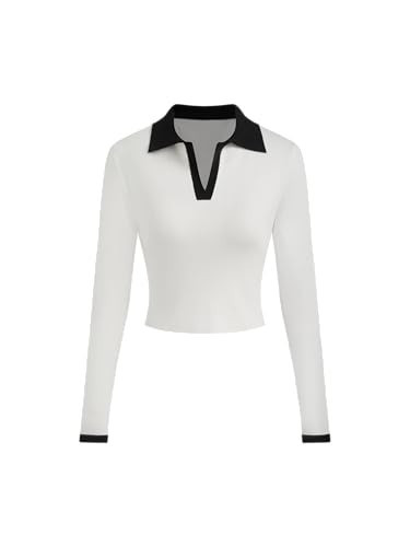 CIDE Women’s Long Sleeve Crop Tops Knitted Color Block Collared V Neck Going Out Tops Basic Tee Shirts: White, M | Amazon (US)