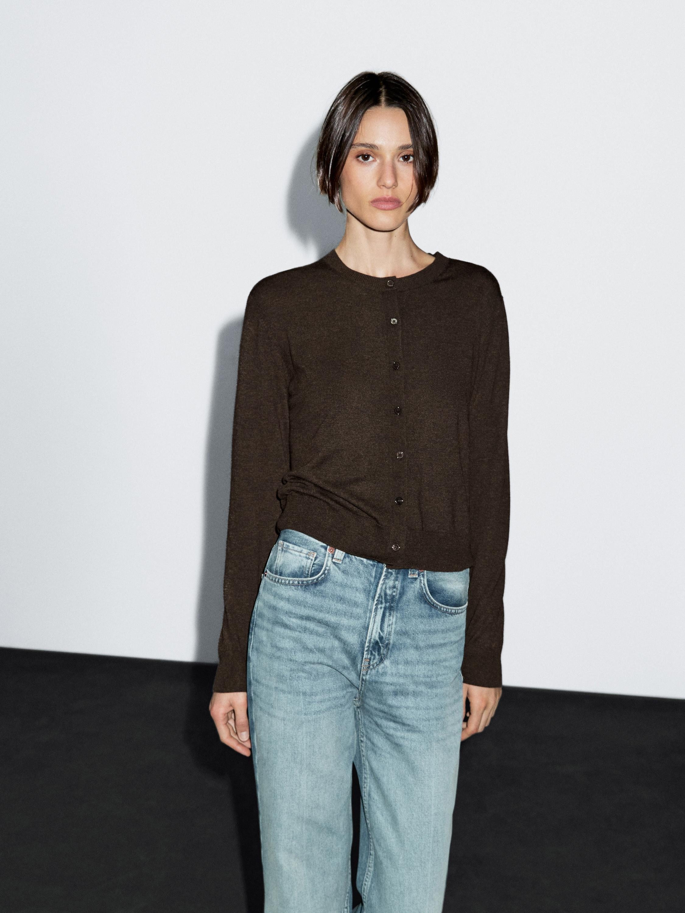 Wool blend knit cardigan with crew neck | Massimo Dutti UK