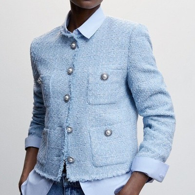 MANGO BLOGGER FAVE Blue Textured Tweed Classic Blazer Pearl Button Size Small  | eBay | eBay US
