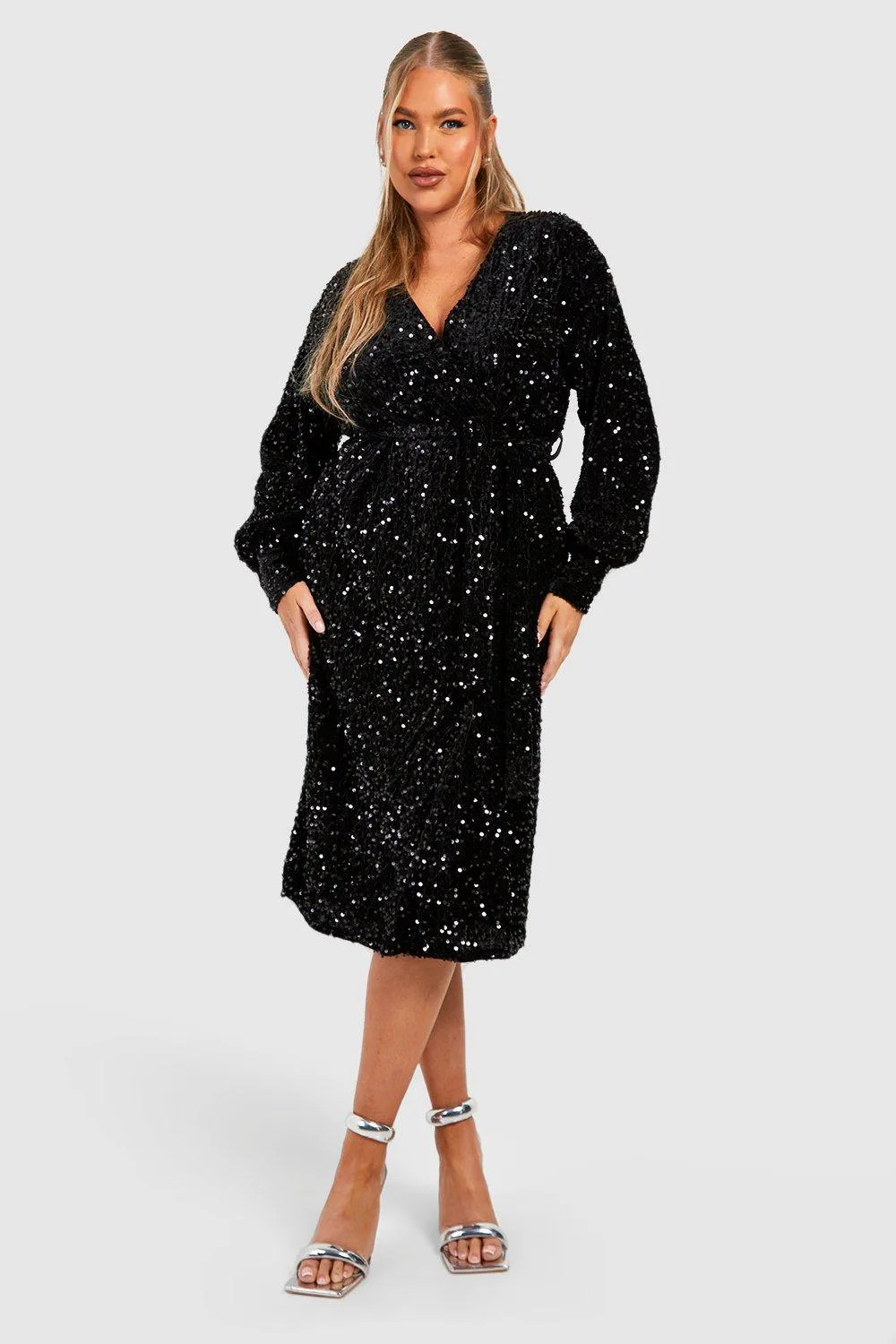 Plus Velvet Sequin Wrap Midi Dress | Boohoo.com (UK & IE)