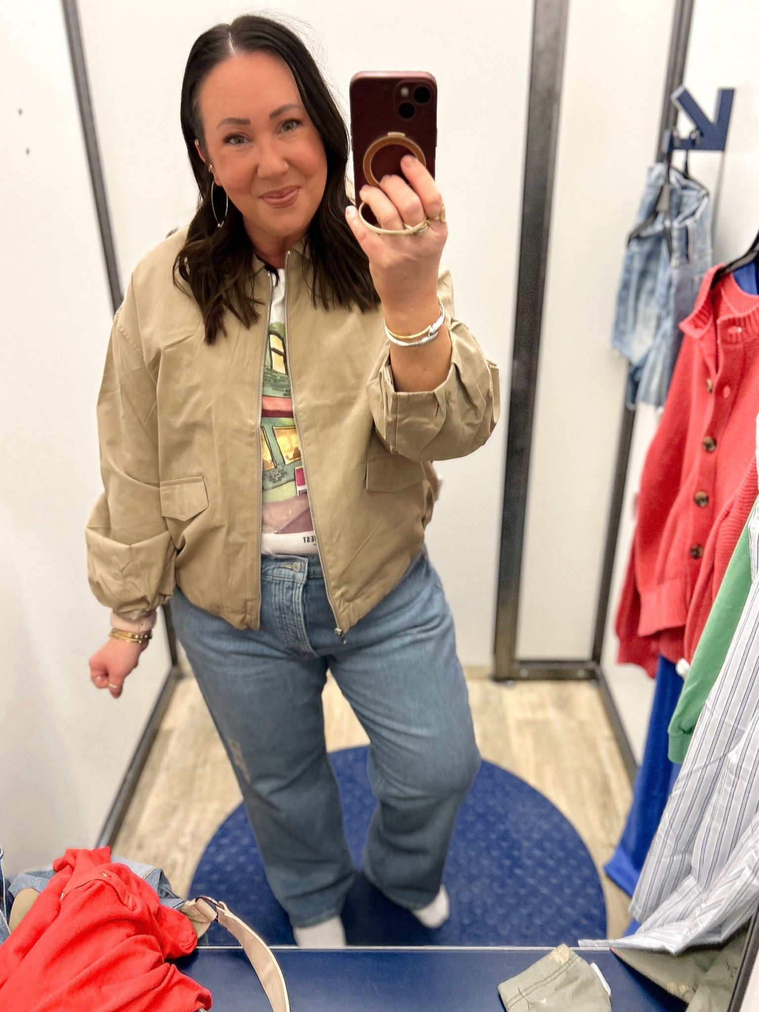 Trying on Old Navy new arrivals! Large Harrington jacket. Love the details on this one but didn’t love it on me. The sides stick out just a little too much IMO! XL tee. Size 16 jeans. I would prefer to size down one in these  

#LTKPlusSize #LTKMidsize #LTKSaleAlert