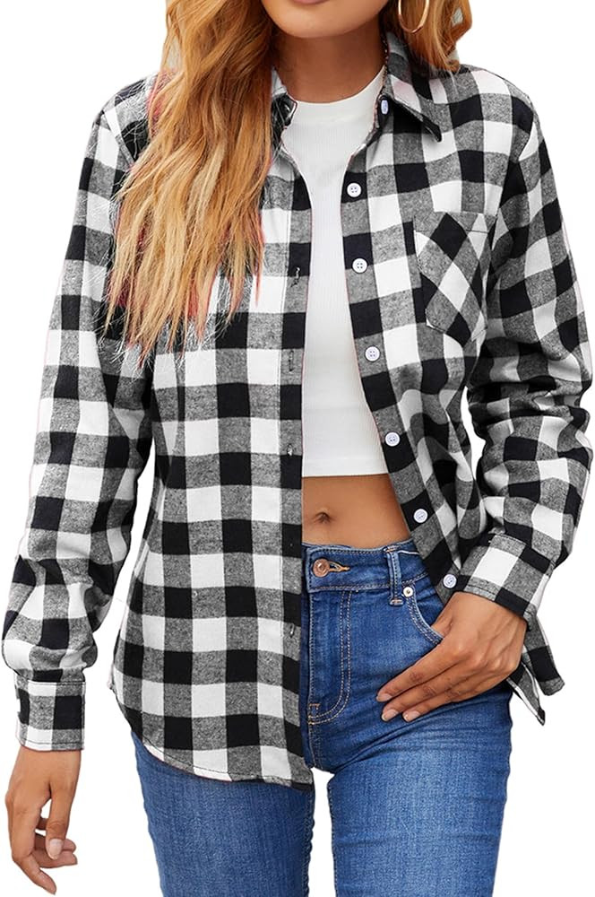 SANGTREE Womens and Girls Long Sleeve Flannel Shirt Casual Button Down Plaid Shirts, 3 Months - A... | Amazon (US)