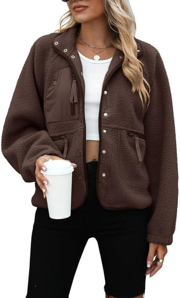 Yanekop Womens Fleece Jacket Fuzzy Long Sleeve Short Coats Button Down Sherpa Outerwear With Pock... | Amazon (US)
