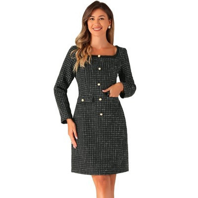 Allegra K Women's Square Neck Long Sleeve Elegant Cocktail Plaid Dress Black Small | Target