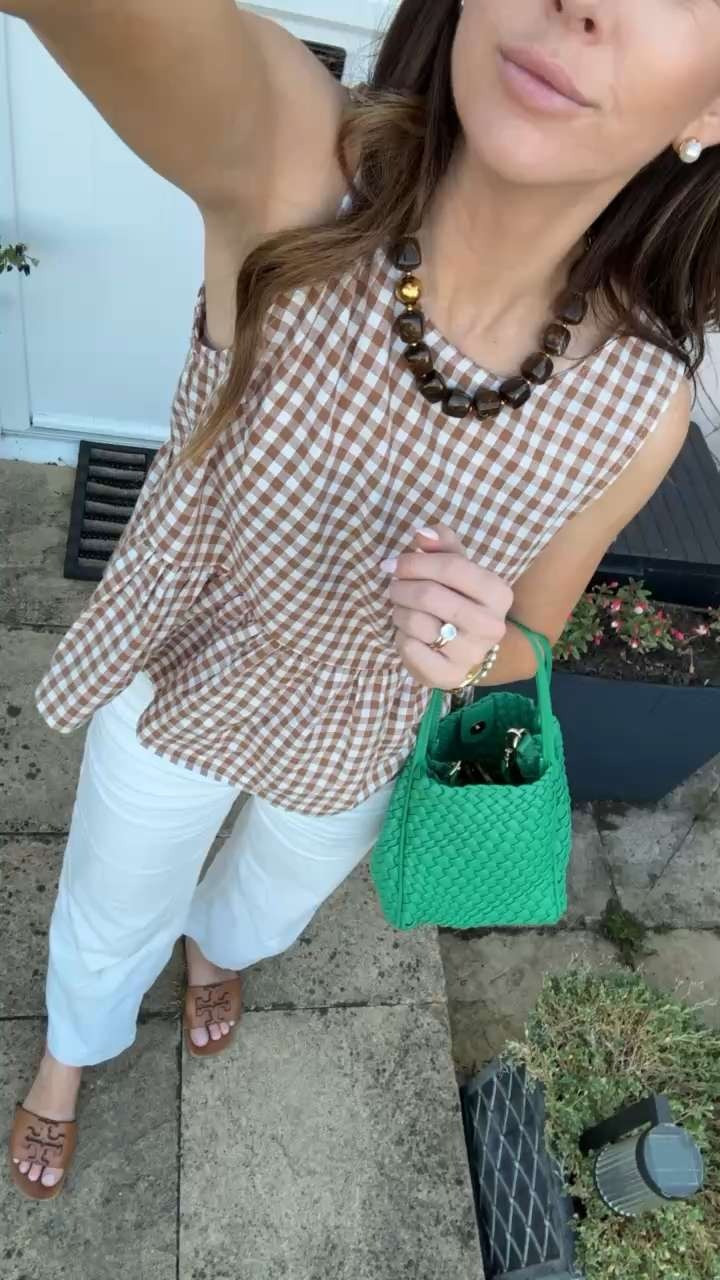 Easy white pants with a brown gingham top, statement necklace and pop of color with this green Anthropologie bag.  

 #LTKootd #LTKTravel