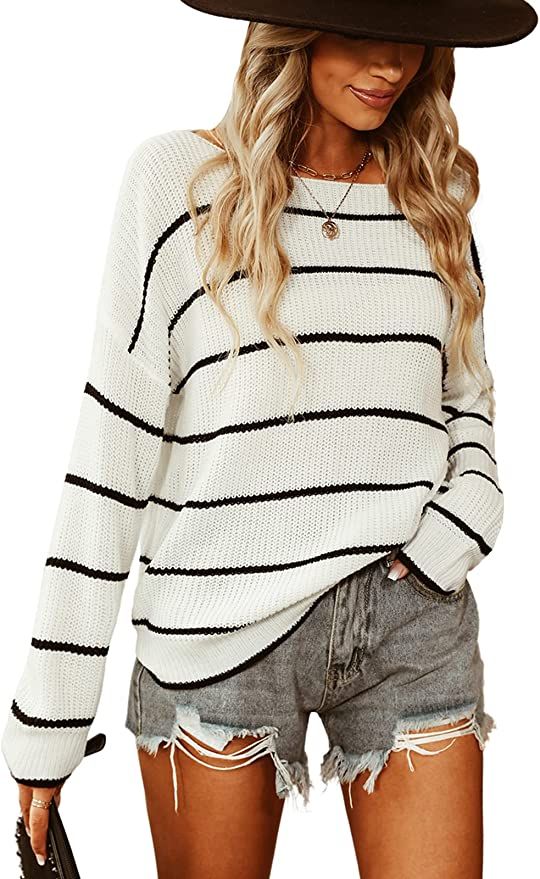CUPSHE Women Casual Stripe Sweaters Long Sleeve Boat Neck Relaxed Fit Pullover Knitwear | Amazon (US)