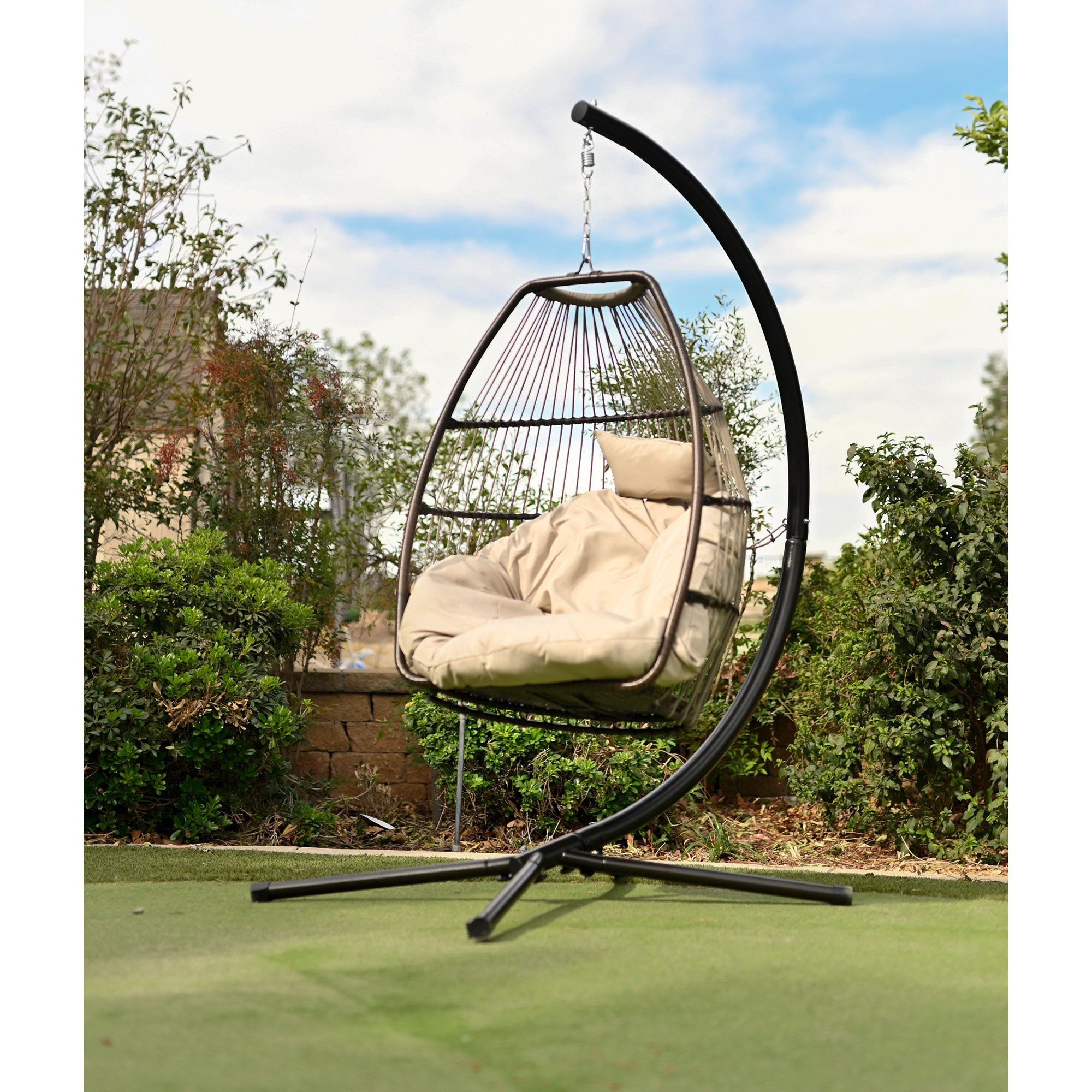 Outdoor Large Hanging Egg Chair Lounge Chair w/ Stand and Cushion, Beige | Walmart (US)