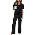 Sampeel Lounge Sets for Women V Neck Turn-UP Sleeves Tops Wide Leg Pants 2 Piece Sets Oversized S... | Amazon (US)