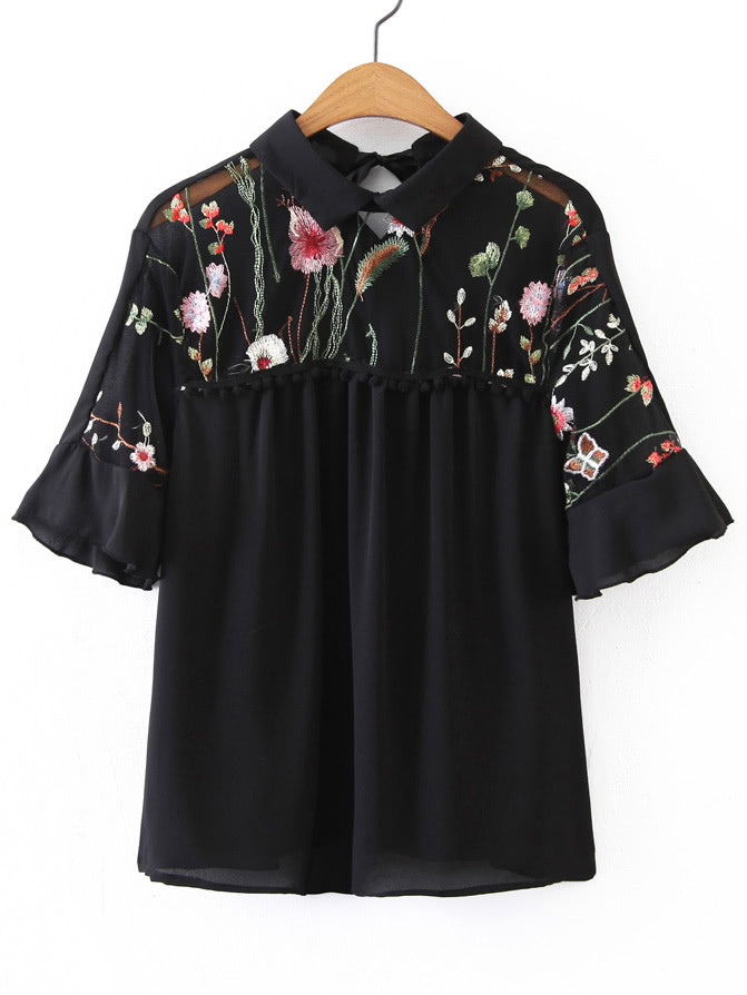 Elbow Sleeve Contrast Mesh Pom Pom Detail Blouse | SHEIN