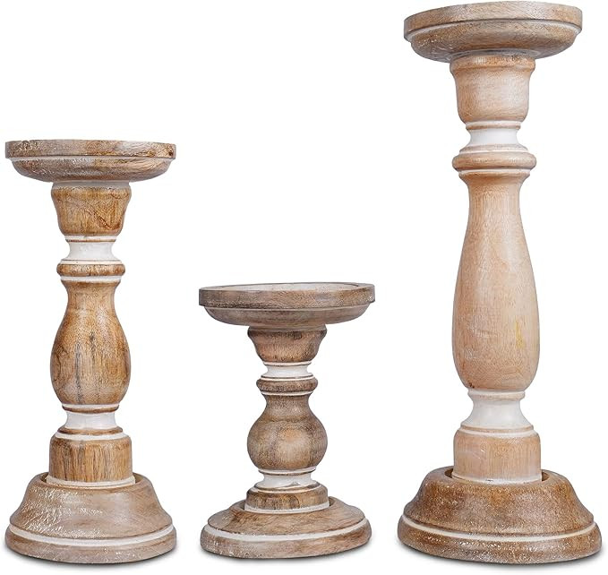 Mela Artisans Whitewashed Hand Carved Wooden Pillar Candle Holders - Set of 3 | Tuli Decorative S... | Amazon (US)