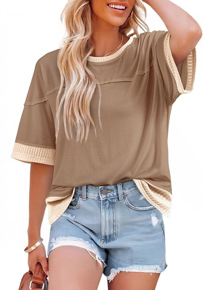 Dokotoo Womens Summer Tops Casual Oversized Short Sleeve T Shirts Crewneck Color Block Side Slit ... | Amazon (US)