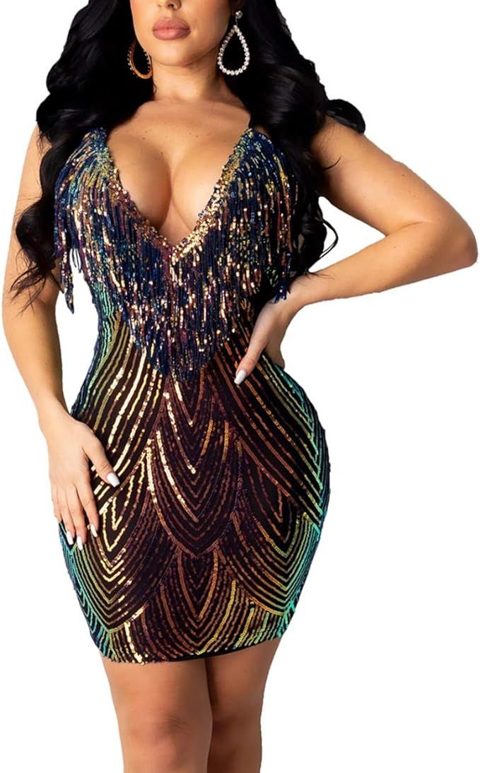 WUSENST Women's Sexy Bodycon Party Mini Dress Deep V Neck Sequin Backless Spaghetti Straps Clubwe... | Amazon (US)