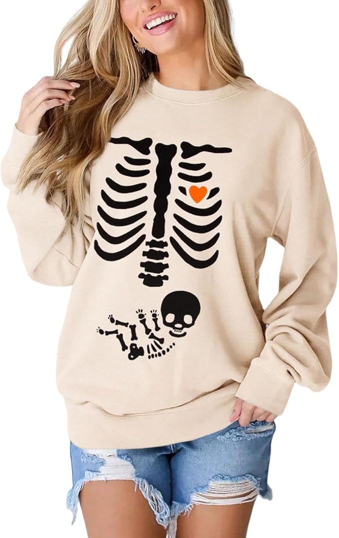 Women X-Ray Skeleton Sweatshirt Halloween Maternity Sweatshirts Crewneck Pullover Pregnancy Annou... | Amazon (US)