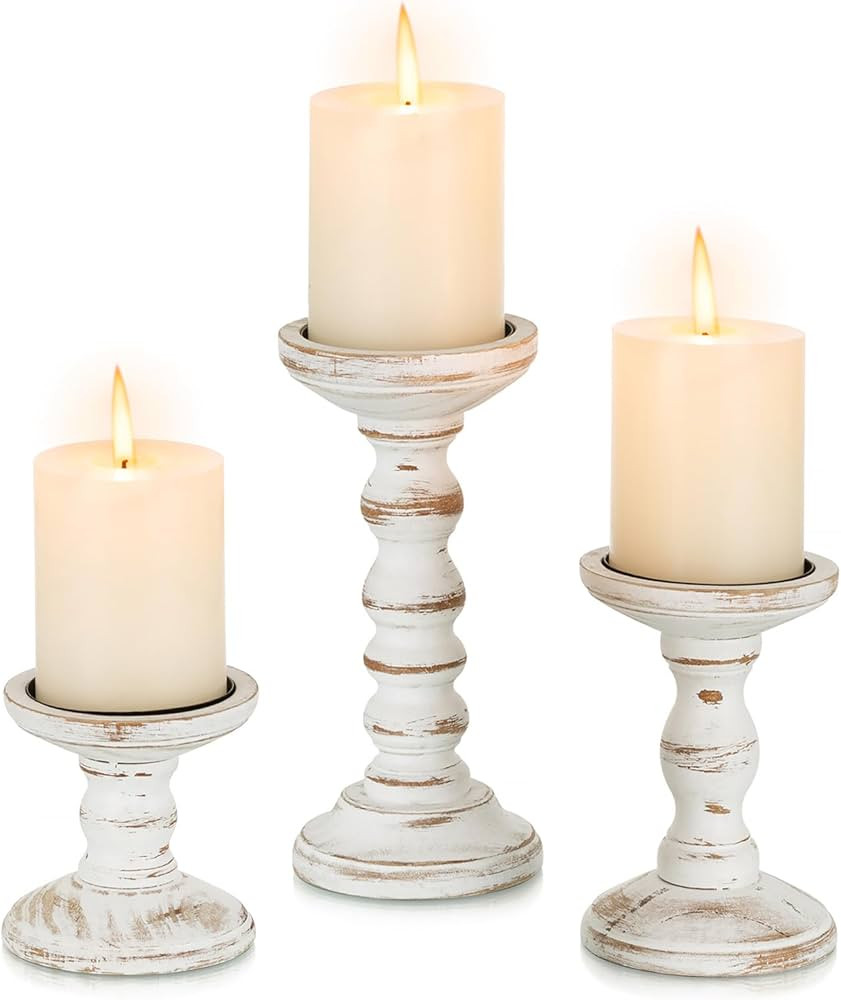 Romadedi Wood Candle Holders for Pillar Candles - Set of 3 Tall Farmhouse Wooden Candlestick Hold... | Amazon (US)