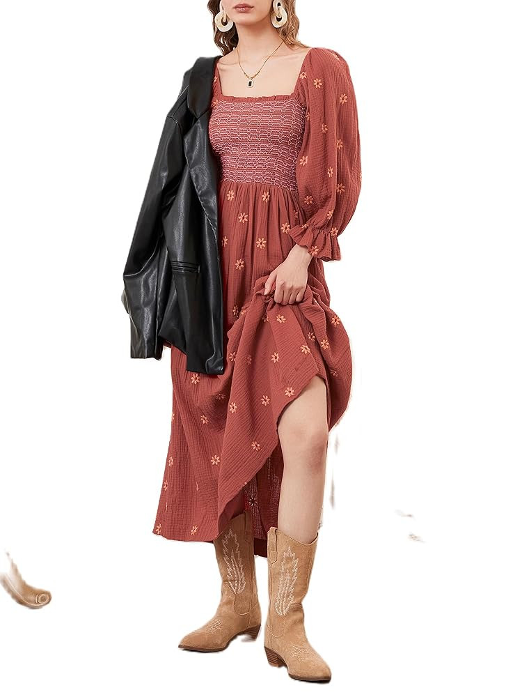 Acrawnni Women's Flower Embroidered Maxi Dress Long Puff Sleeve Square Neck Smocked Tiered Bohemi... | Amazon (UK)