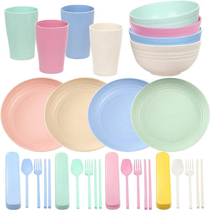 Wheat Straw Dinnerware Sets, 28PCS Unbreakable, Microwave and Dishwasher Safe Tableware Set, Ligh... | Amazon (US)
