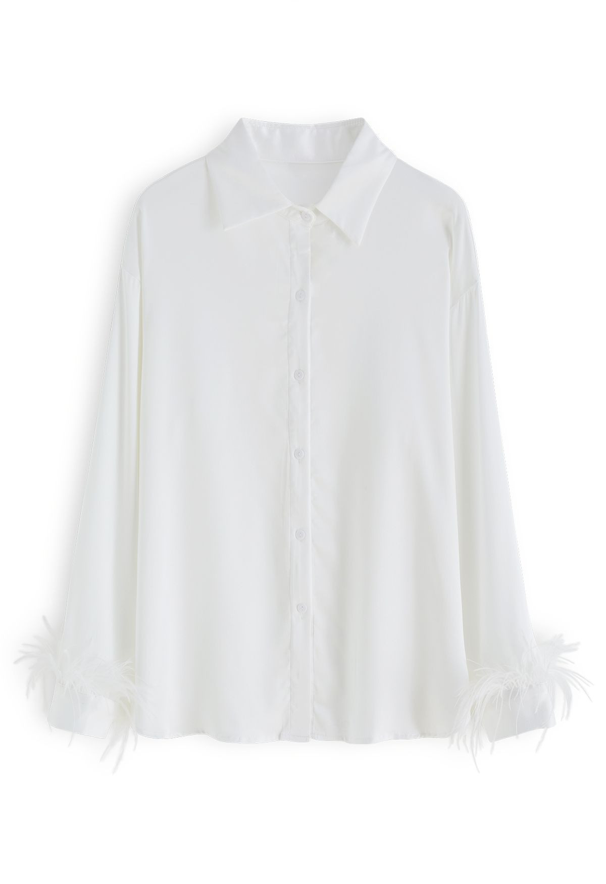 Feather Trim Cuffs Satin Shirt in White | Chicwish