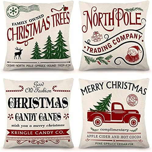 ZJHAI Christmas Pillow Covers 20x20 Inch Set of 4 Farmhouse Pillow Covers Holiday Rustic Linen Pi... | Amazon (US)