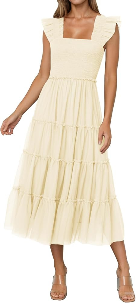 Naggoo Women's Summer Tulle Wedding Guest Dress Smocked Square Neck Ruffle Flowy Mesh Midi Dresse... | Amazon (US)