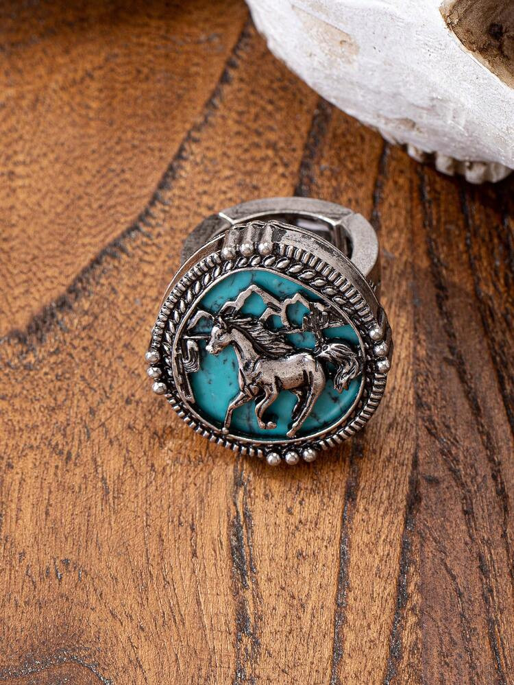 1 Pc Retro Vintage Western Style Blue Turquoise Stone Statement Ring , Cowgirl Style Horse Design Ring, Stretchy Adjustable Size Rings Suitable For Cowgirl Outfit | SHEIN