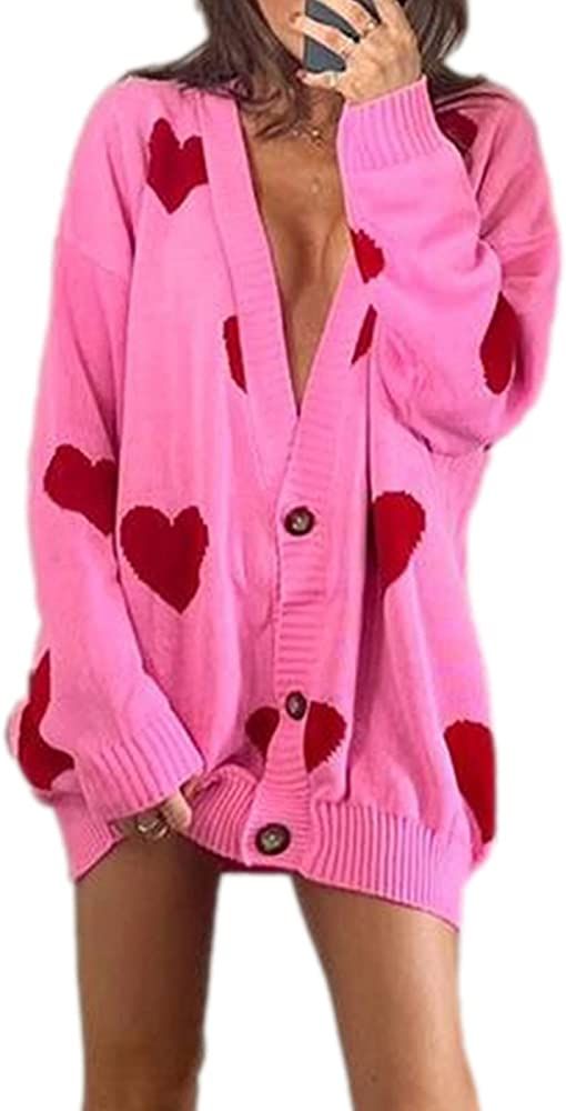 Women Valentines Day Heart Sweater Cardigan Long Sleeve Button Open Front Casual Loose Knit Sweat... | Amazon (US)