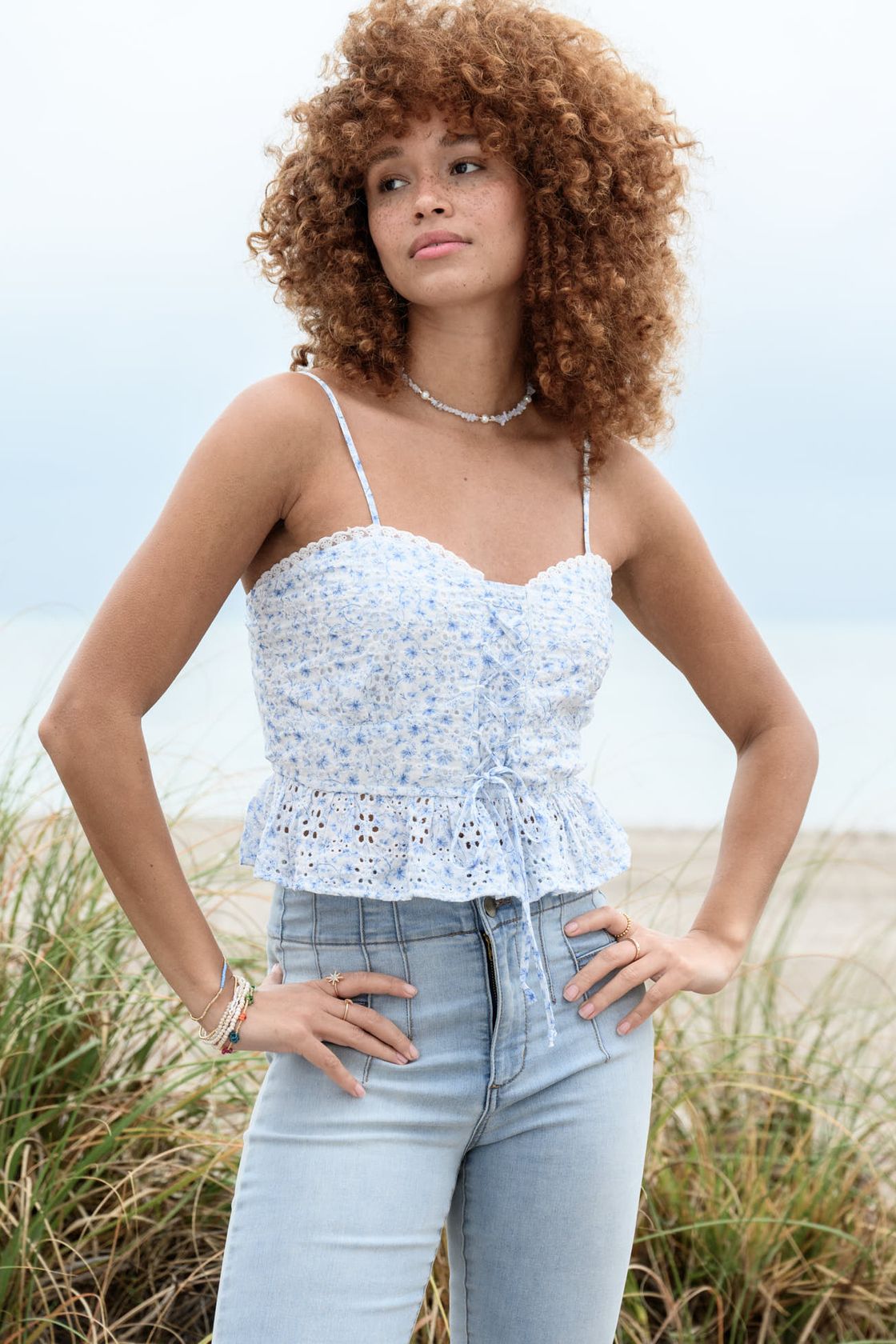 Keely Eyelet Corset Top in Ivory & Blue | Altar'd State | Altar'd State
