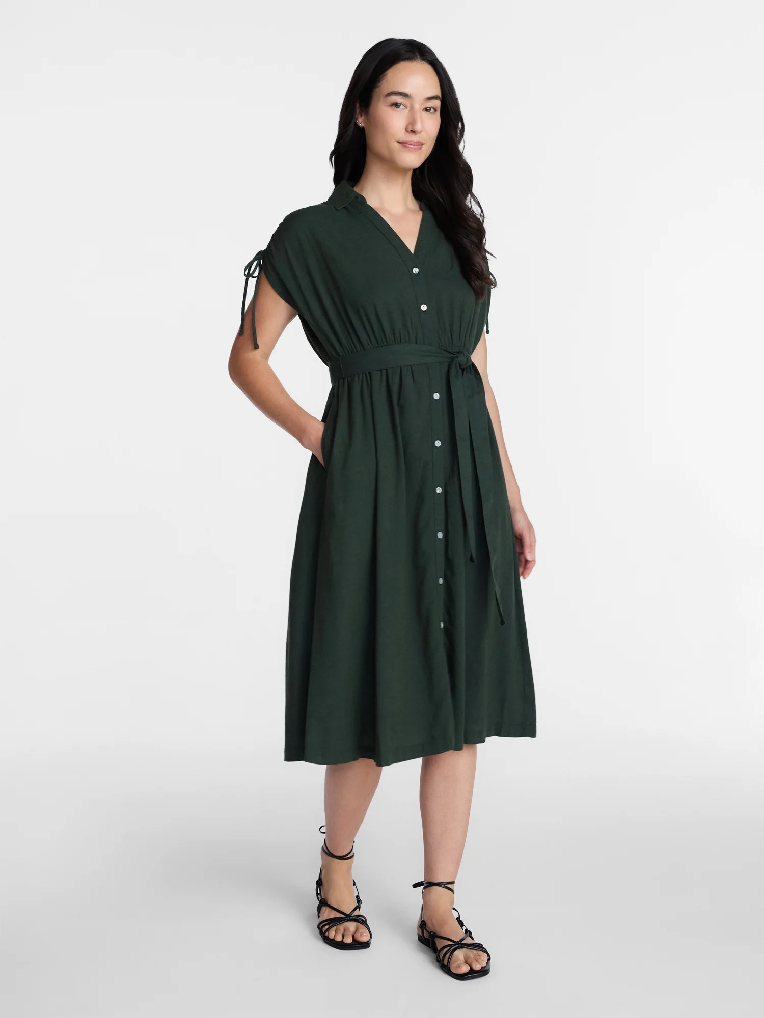 Time and Tru Women's Short Sleeve Midi Linen Shirt Dress, Sizes XS-XXXL - Walmart.com | Walmart (US)
