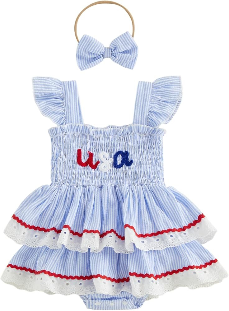 Amnnchya Baby Girl 4th Of July Outfit American Flag Stripes Fly Sleeve Fourth Of July Jumpsuit Ne... | Amazon (US)