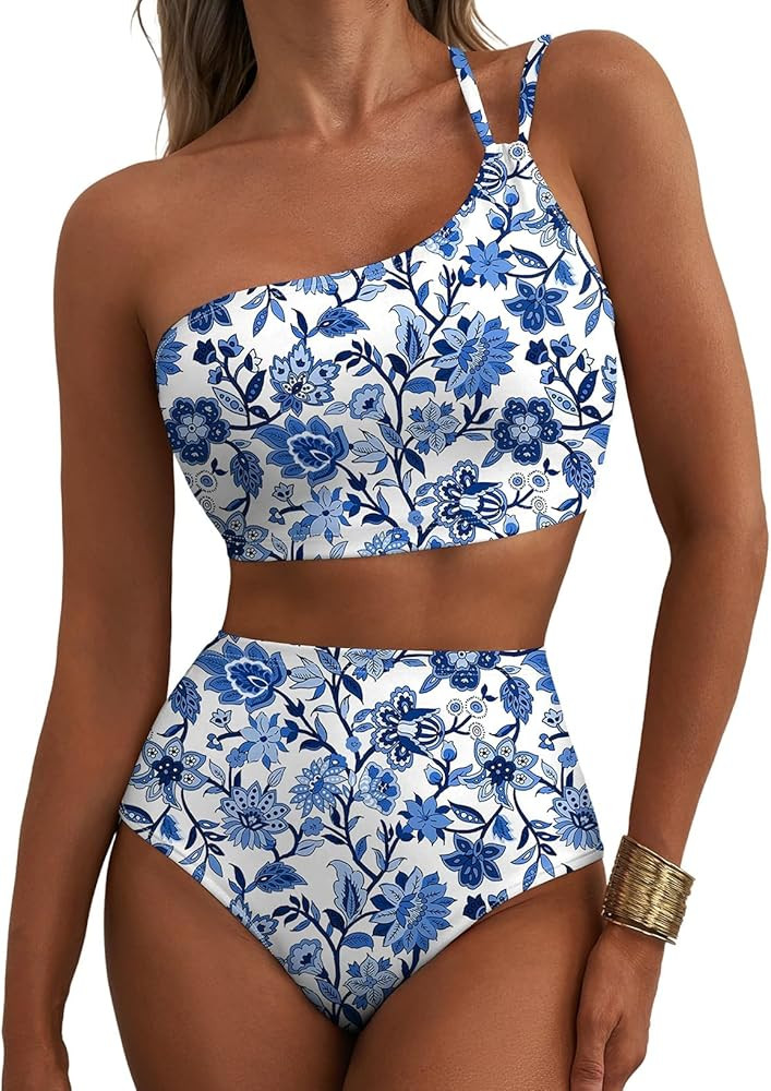 Herseas Women's High Waisted Bikini Sets One Shoulder Floral Print Swimsuits 2 Piece Tummy Contro... | Amazon (US)