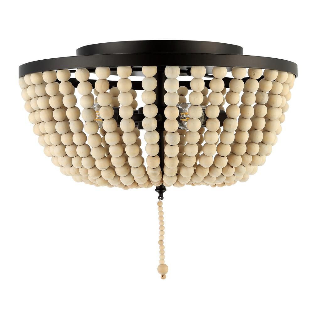 Allison 15 in. Oil Rubbed Bronze/Cream Wood Beaded/Metal LED Flush Mount | The Home Depot