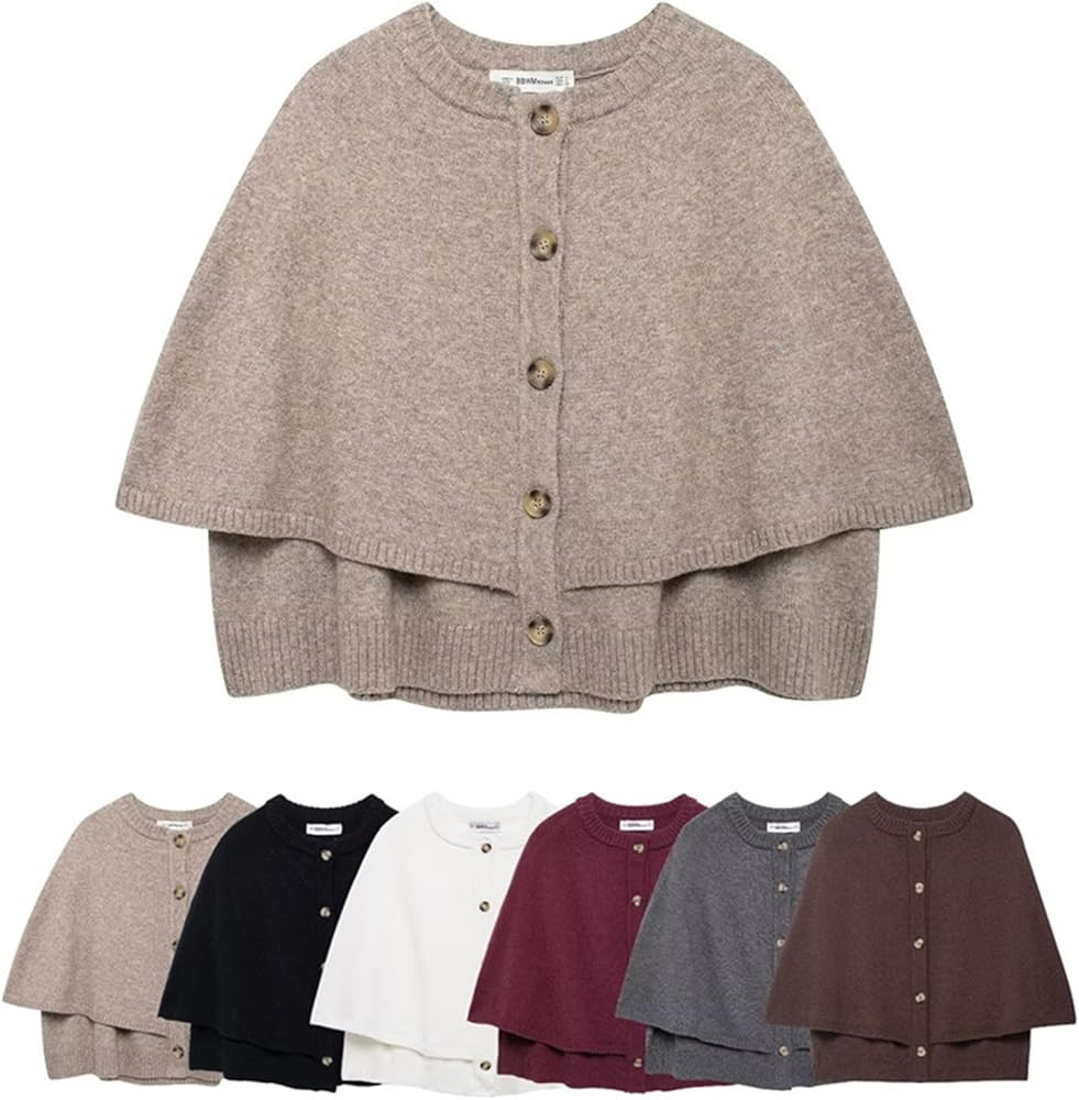 Womens Fall Knit Cape Shawl, Button Up Crew Neck Jacket Shawl, Womens Cropped Cape Sleeve Sweater | Amazon (CA)