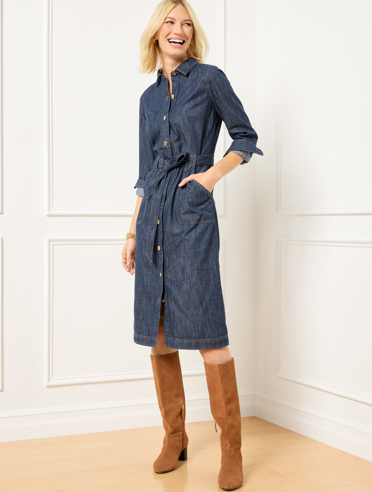 Denim Tie Waist Midi Shirtdress - Midnight Wash - Medium - 100% Cotton Talbots | Talbots
