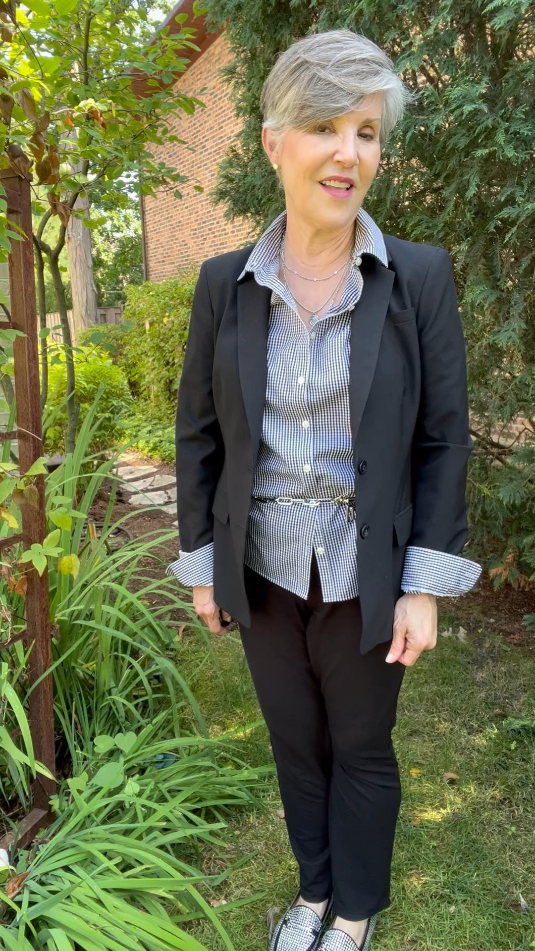 Great Tip for Tummies! Michael Kors Silver link belt (a classic touch!)/ Everlane gingham shirt (on sale!!!!/Classy but comfortable JJill slim black pant/ black blazer / terrific silver loafers Sam Edelman 

#LTKSale #LTKstyletip #LTKunder50