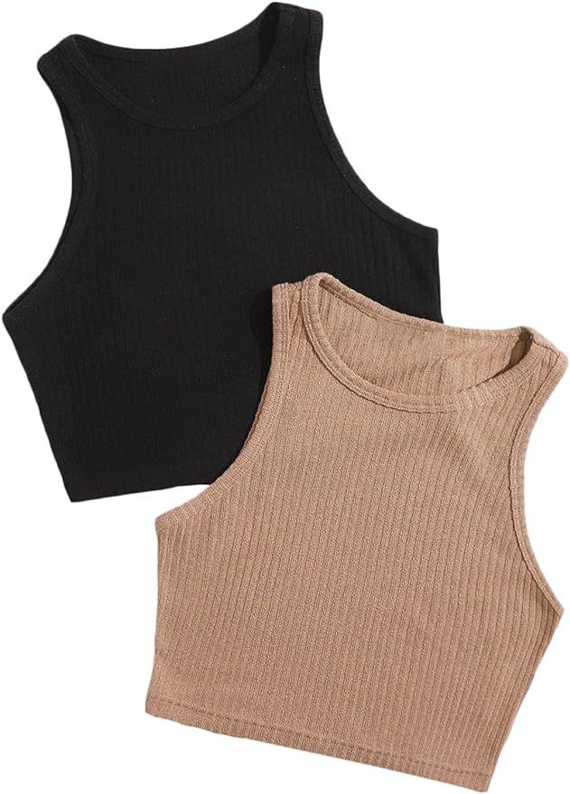 MakeMeChic Women's 2packs Solid Tank Sleeveless Round Neck Vest Crop Top | Amazon (US)