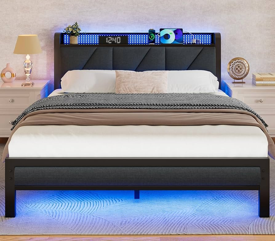Furnulem Full Bed Frame with LED Lights,Headboard with Charging Station and USB Port,Upholstered ... | Amazon (US)