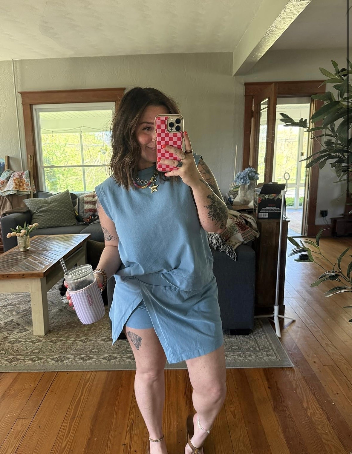 Casual warm weather set! I’m wearing large as 8/10 ! Perfect for a day out or relaxing at home & super cute tank + skort set! My favorite sandals run TTS & cute colorful beaded necklace!

#LTKSeasonal #LTKMidsize