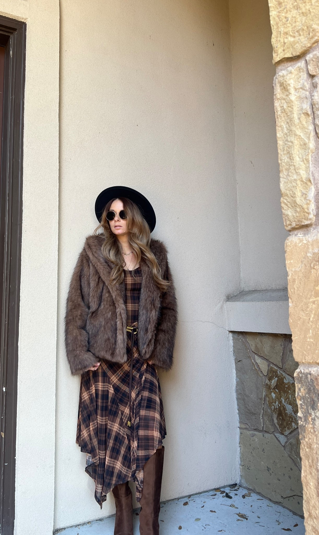 Rich, chocolatey outfit for the holidays. Faux fur jacket and brown plaid dress paired with brown suede boots.

#holidayoutfit #partyoutfit #westernholidayoutfit

#LTKPetite #LTKootd #LTKHoliday