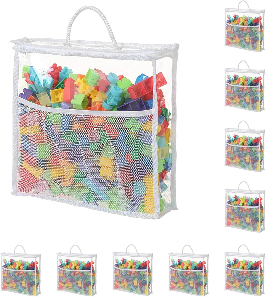10 PCS Clear Zippered Toy Storage Bags with handle, Kids Toy Storage Organizer with Mesh Pocket f... | Amazon (US)