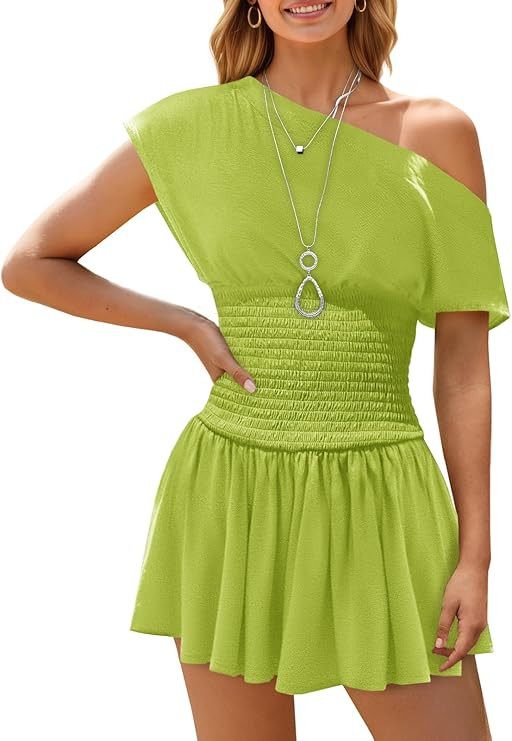 Wenrine Women's Off The Shoulder Mini Dress Summer Short Sleeve Smocked Waist Y2K A Line Going Ou... | Amazon (US)