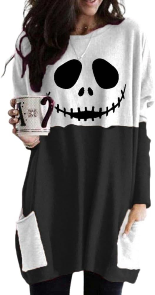 Akivide Halloween Long Sleeve Shirts for Women,Casual Graphic Novelty Oversized Patchwork Blouses... | Amazon (US)