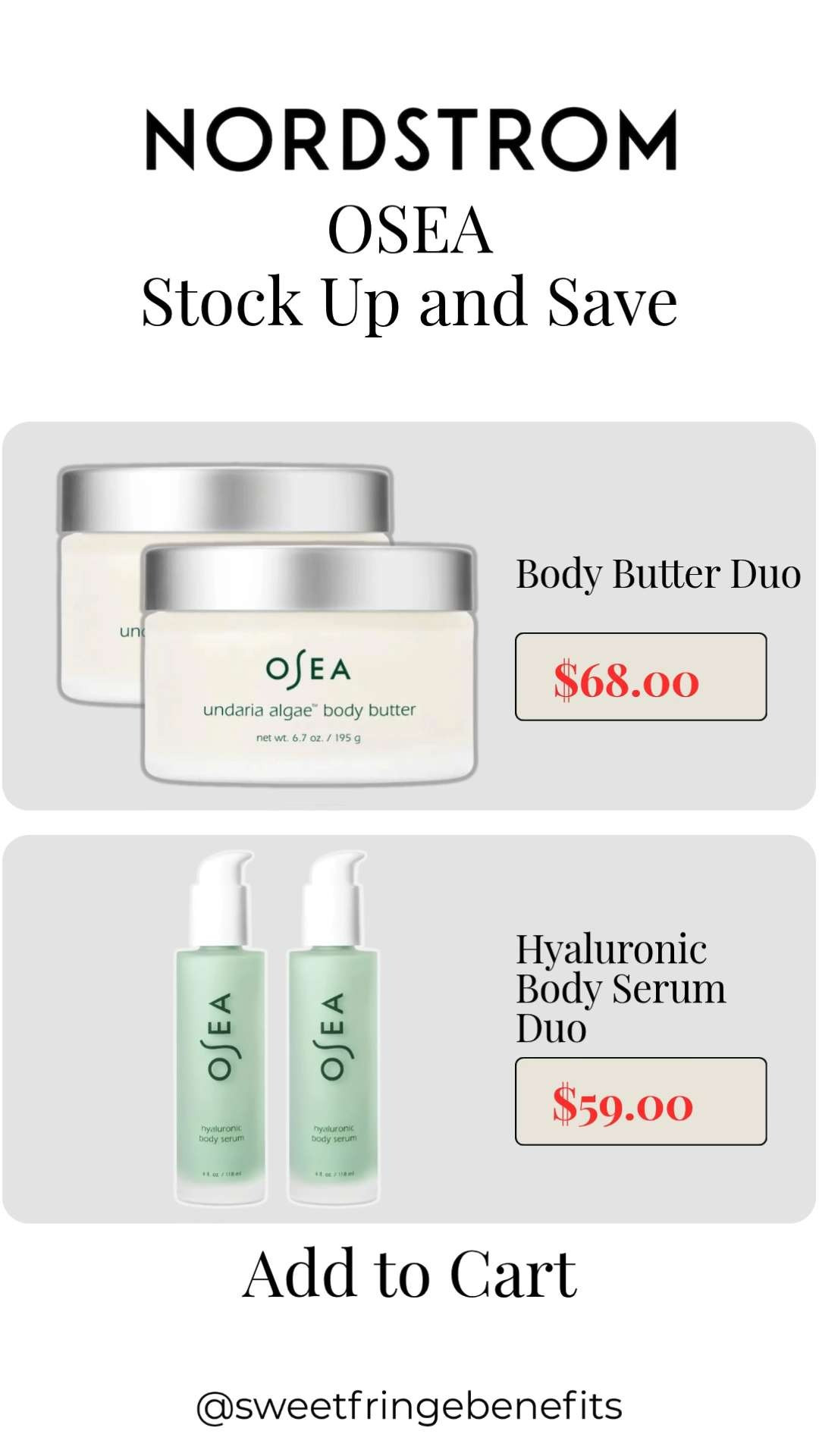 These OSEA skincare duos are some of the best values in the Nordstrom Anniversary Sale! Stock up on favorites or grab them now if you've been wanting to try the iconic Body Butter or Hyaluronic Body Serum..

💡 LTK MADE EASY
❤️ Heart = Support my posts!
🔖 Save = Get sale & restock alerts
📋 Lists = Keep favorites organized
📲 Share = Send lists and products to a friend. Hello, Christmas List!
💬 Comment = Ask me anything about what I'm wearing.:-) 

 #LTKSeasonal #LTKActive #LTKOver40