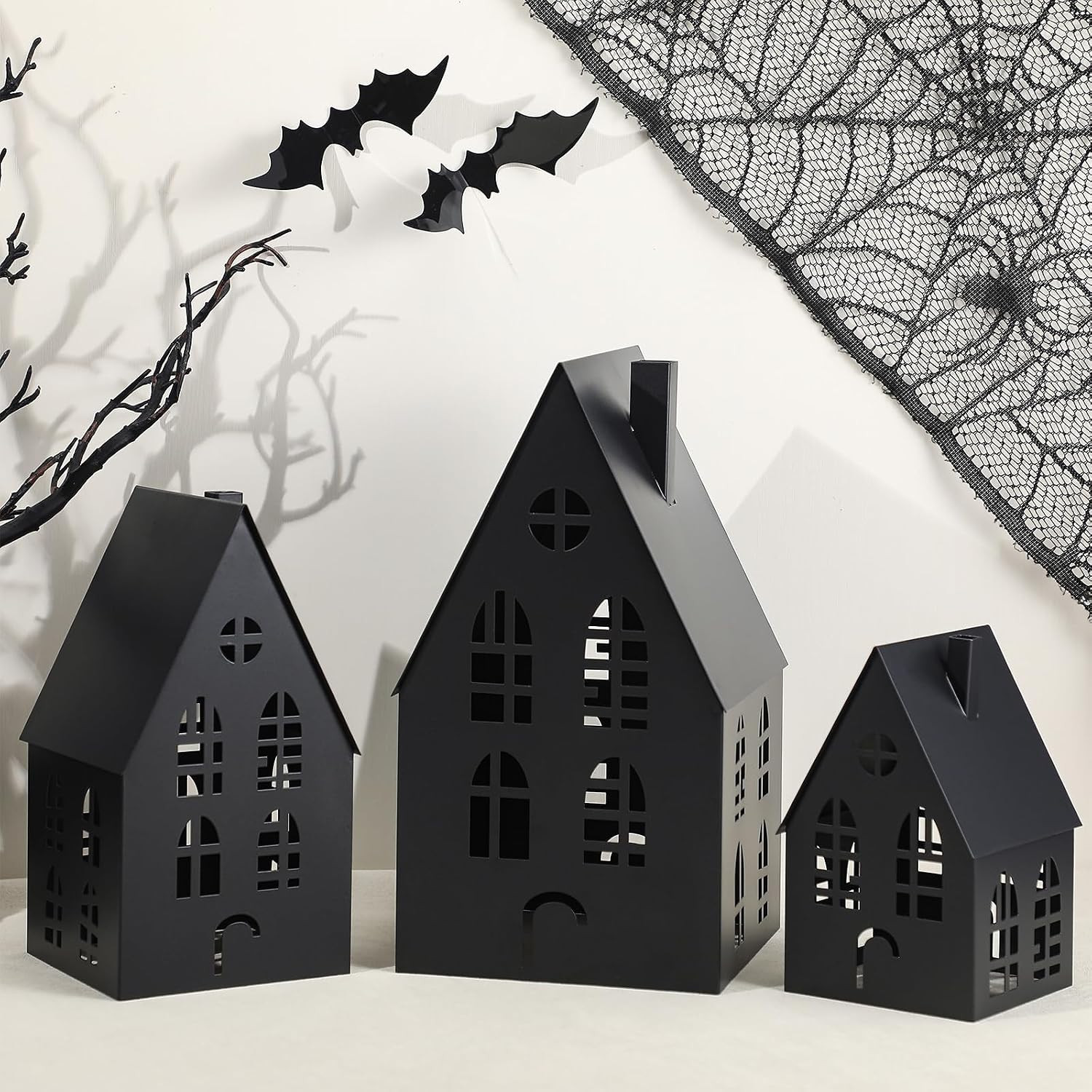 Beeveer Halloween Village Black Metal Houses Tabletop Decor Set of 3 Metal Pre-lit Halloween Haunted House Decor Sculpture Town Candle Lanterns for Parties & Events | Amazon (US)