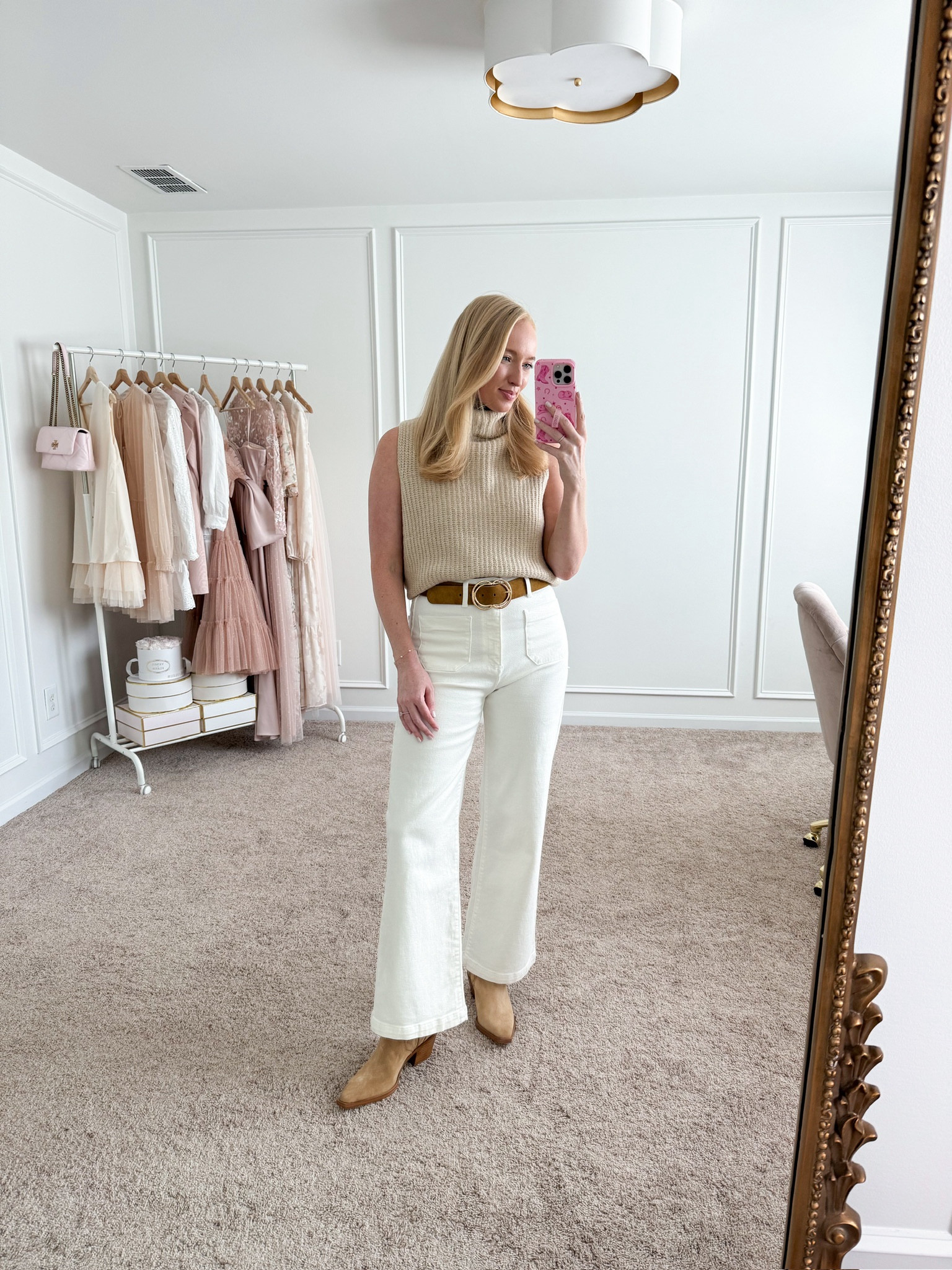 Pretty transition workwear look! Wearing size small in the sleeveless sweater and size 27 in the jeans. Transition outfits // fall outfits // white jeans // workwear // work outfits 

#LTKWorkwear #LTKSeasonal #LTKStyleTip