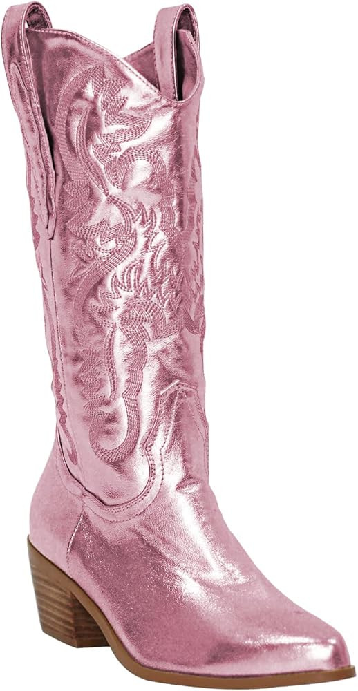 Amazon.com | MissHeel Mid Calf Pink Boots for Women Print Westen Cowboy Boots Embroidered Wide Ca... | Amazon (US)