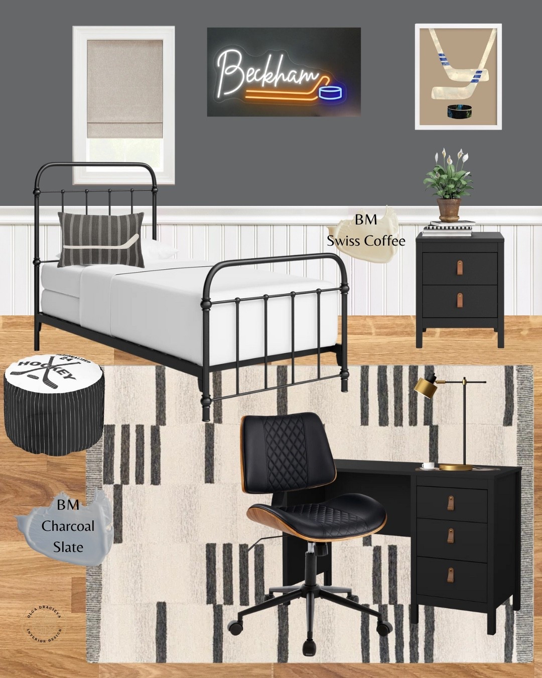 Boys bedroom mood board, fun hockey-inspired bedroom. Metal bed frame, black desk and nightstand, hockey wall art, black & white rug, baseball light from Pottery Barn. #homedecor #boysbedroom #teenroom

#LTKKids #LTKHome #LTKFamily